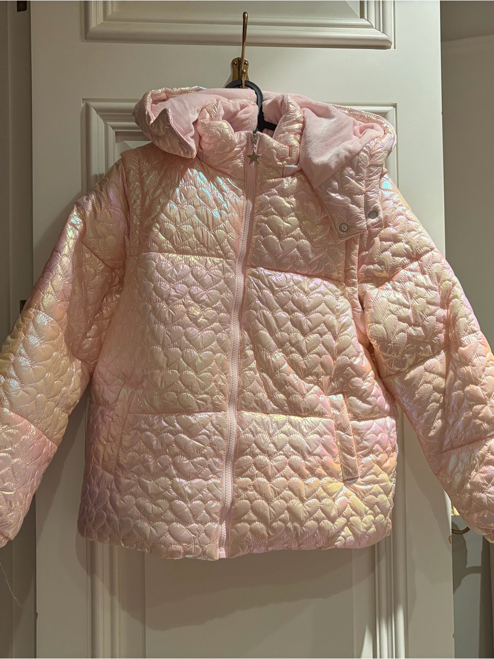 NWOT Lola and the Boys Light Pink Heart Quilted Hooded Puffer Jacket Size 14